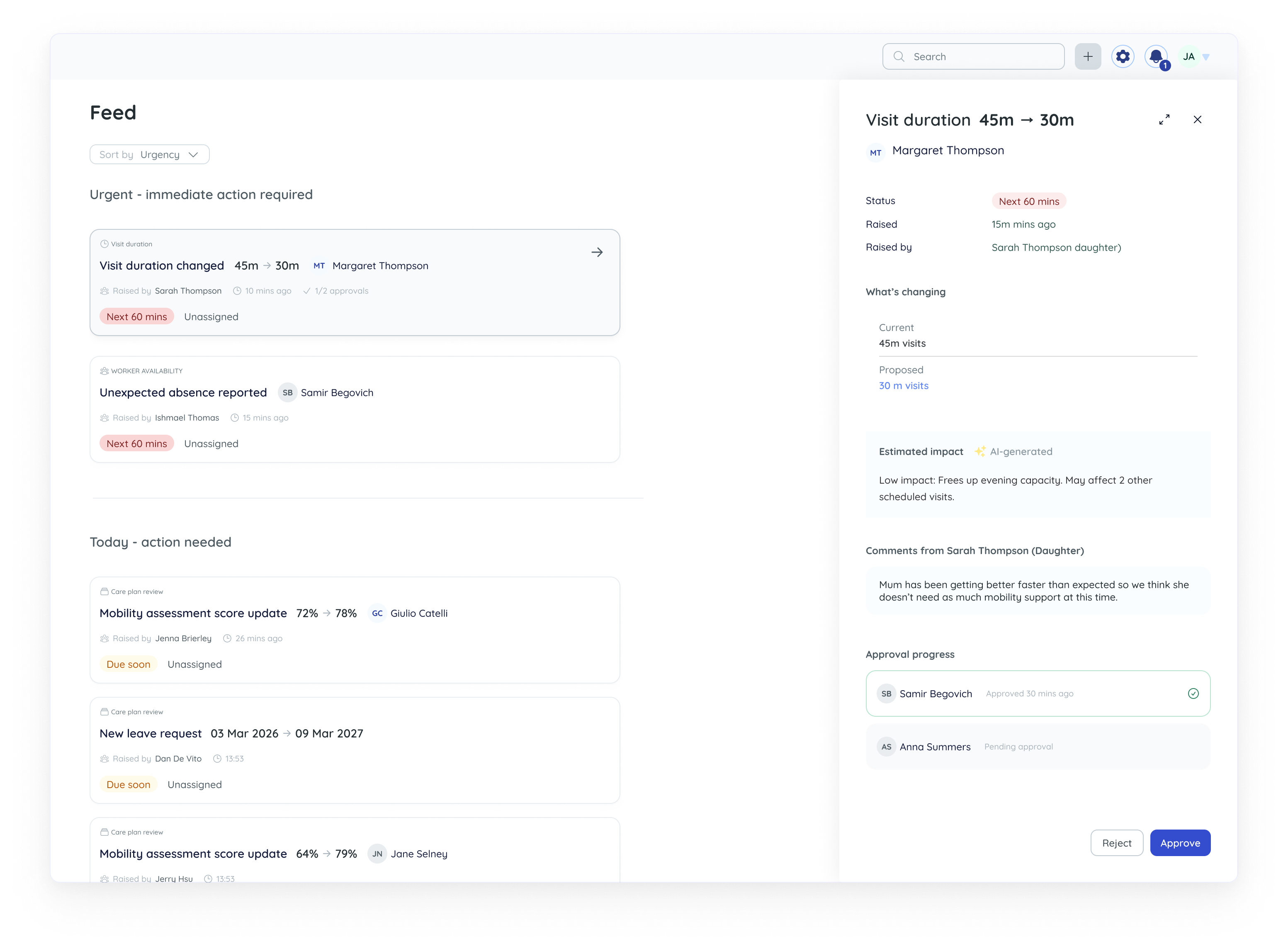 Amelio Feed showing urgent items and visit duration changes